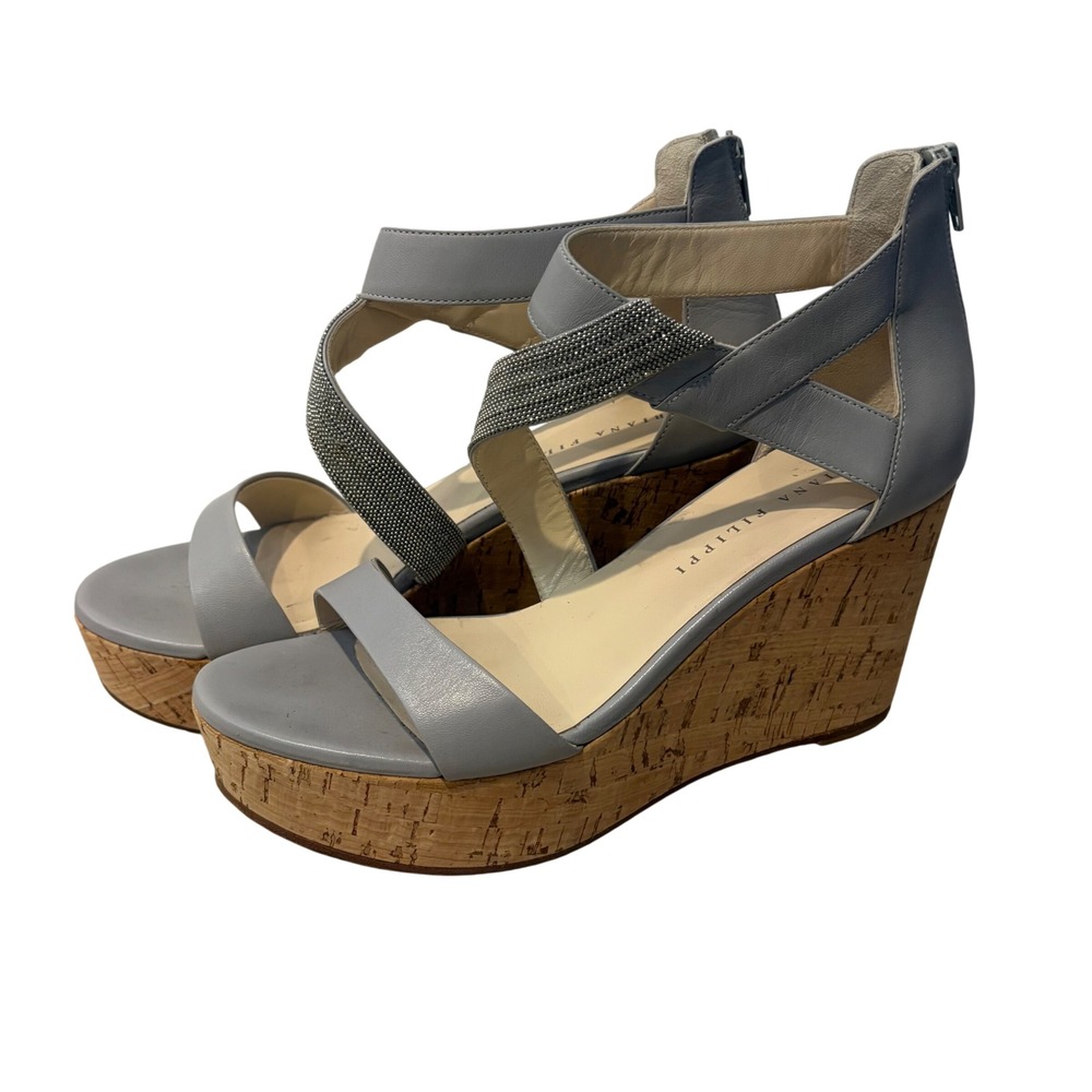 Fabiana‎ Filippi Grey Leather Monili Beaded Cork Wedge Sandals Made in Italy 38